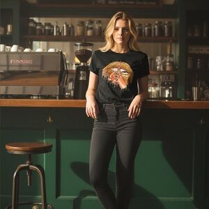 Black T-Shirt with Gold Glitter Lips Design